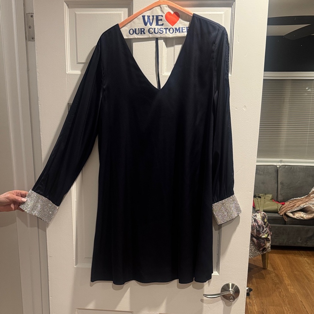 Chic Navy Dress with Sparkling Silver Cuffs